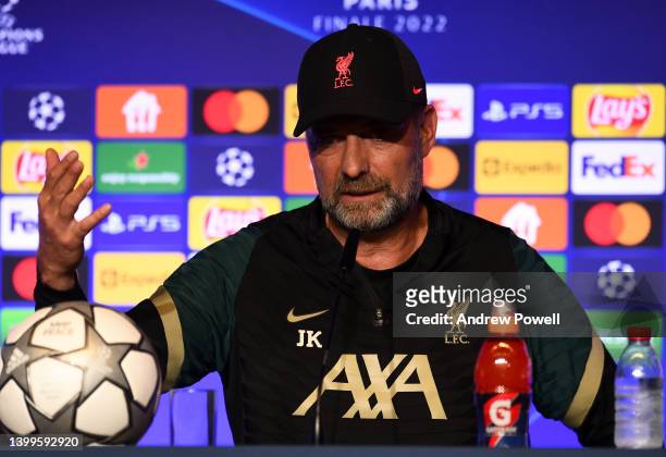 Jurgen Klopp manager of Liverpool during a press conference before the UEFA Champions League Final at Stade de France on May 27, 2022 in Paris,...