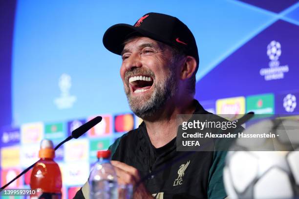 Juergen Klopp, Manager of Liverpool speaks to the media in the Liverpool FC Press Conference at Stade de France on May 27, 2022 in Paris, France....