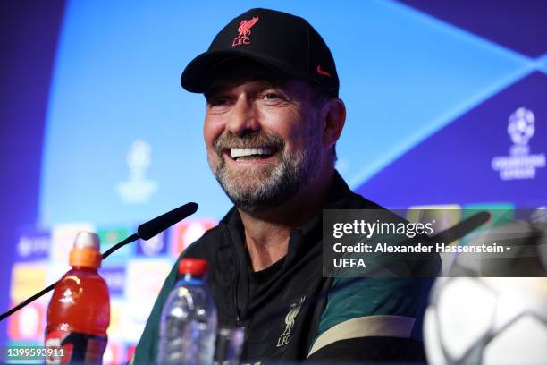 Juergen Klopp, Manager of Liverpool speaks to the media in the Liverpool FC Press Conference at Stade de France on May 27, 2022 in Paris, France....