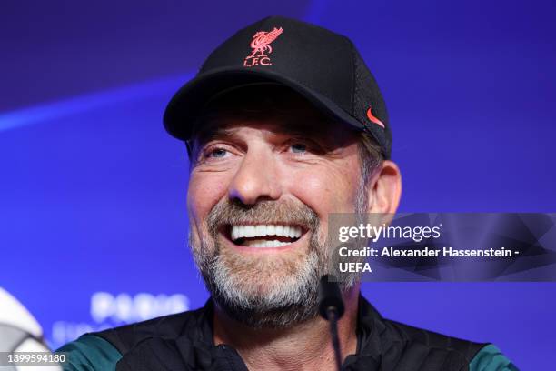 Juergen Klopp, Manager of Liverpool speaks to the media in the Liverpool FC Press Conference at Stade de France on May 27, 2022 in Paris, France....