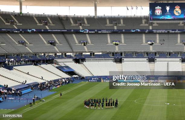 General view inside the stadium as Juergen Klopp, Manager of Liverpool speaks to their team prior to the Liverpool FC Training Session at Stade de...