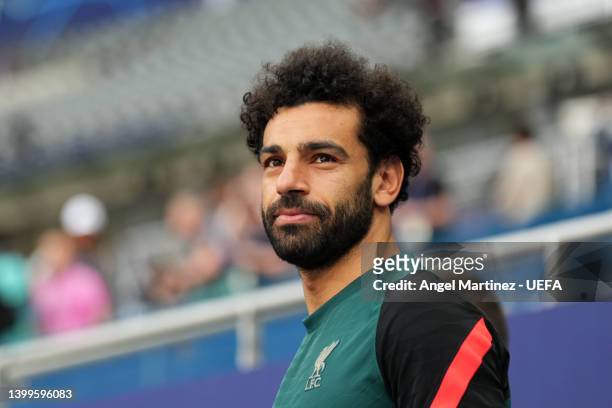 Mohamed Salah of Liverpool looks on during the Liverpool FC Training Session at Stade de France on May 27, 2022 in Paris, France. Liverpool will face...