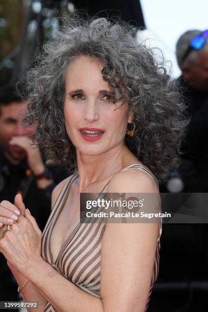 Andie MacDowell attends the screening of "Mother And Son " during the 75th annual Cannes film festival at Palais des Festivals on May 27, 2022 in...