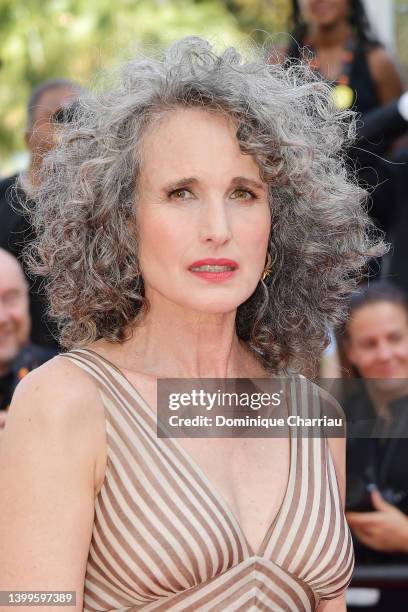 Andie MacDowell attends the screening of "Mother And Son " during the 75th annual Cannes film festival at Palais des Festivals on May 27, 2022 in...