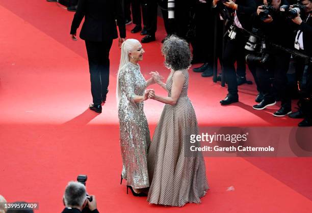 Helen Mirren and Andie MacDowell attend the screening of "Mother And Son " during the 75th annual Cannes film festival at Palais des Festivals on May...
