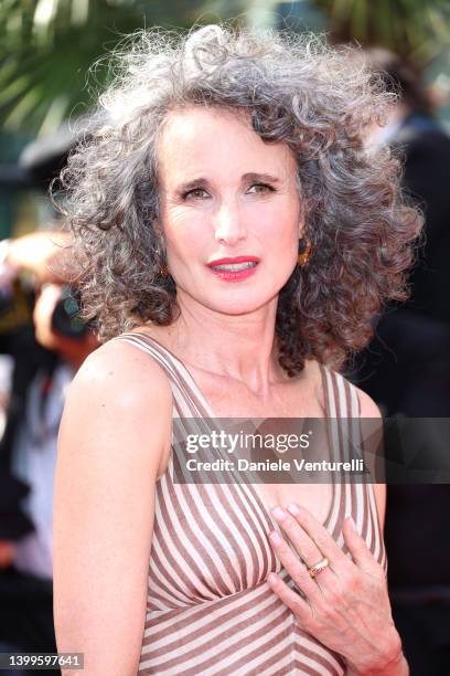 Andie MacDowell attends the screening of "Mother And Son " during the 75th annual Cannes film festival at Palais des Festivals on May 27, 2022 in...