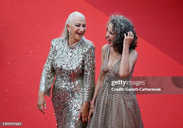 Helen Mirren and Andie MacDowell attend the screening of "Mother And Son " during the 75th annual Cannes film festival at Palais des Festivals on May...