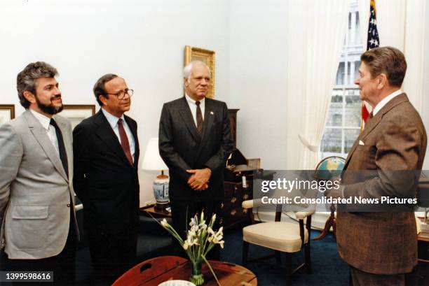 View of, from left, Nicaraguan businessmen and members of the United Nicaraguan Opposition Alfonso Robelo Callejas, Arturo Cruz Jr , and Adolfo...