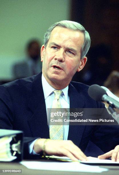 Former US National Security Advisor Robert C McFarlane testifies before the joint US Senate and US House committee investigating the Iran-Contra...