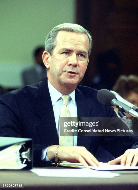 Former US National Security Advisor Robert C McFarlane testifies before the joint US Senate and US House committee investigating the Iran-Contra...