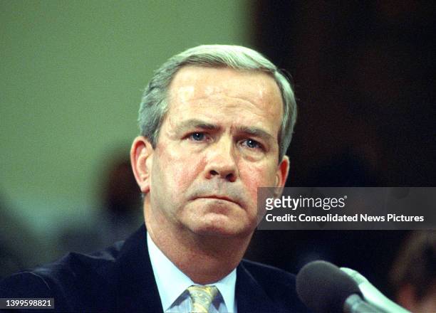 Former US National Security Advisor Robert C McFarlane testifies before the joint US Senate and US House committee investigating the Iran-Contra...