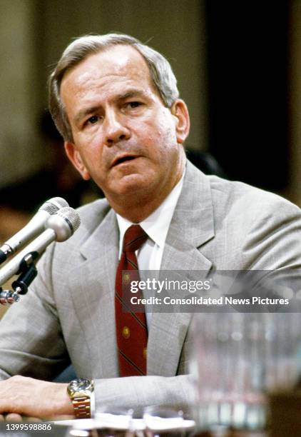 Former US National Security Advisor Robert C McFarlane testifies before the joint US Senate and US House committee investigating the Iran-Contra...