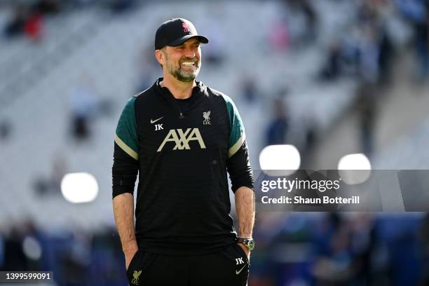 Juergen Klopp, Manager of Liverpool looks on during the Liverpool FC Training Session at Stade de France on May 27, 2022 in Paris, France. Liverpool...