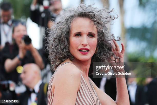 Andie MacDowell attends the screening of "Mother And Son " during the 75th annual Cannes film festival at Palais des Festivals on May 27, 2022 in...