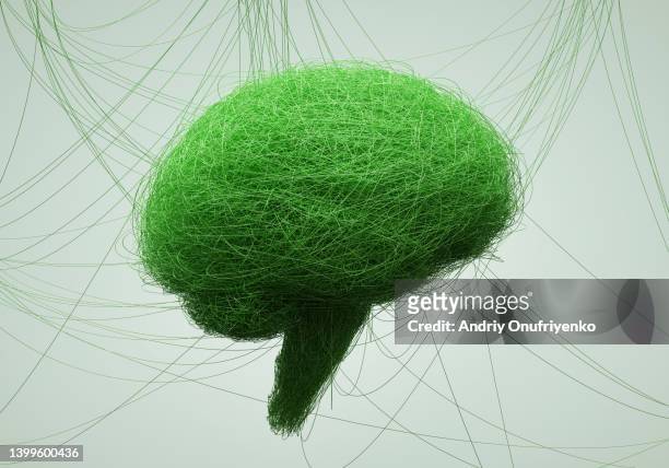 brain shape made out of green splines connections - stereotypical fotografías e imágenes de stock