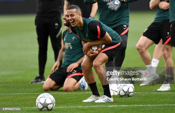 Thiago Alcantara of Liverpool reacts during the Liverpool FC Training Session at Stade de France on May 27, 2022 in Paris, France. Liverpool will...