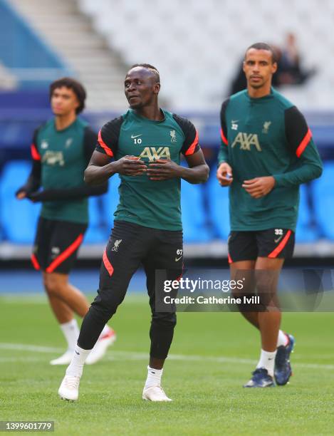 Sadio Mane of Liverpool looks on during the Liverpool FC Training Session at Stade de France on May 27, 2022 in Paris, France. Liverpool will face...