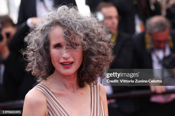 Andie MacDowell attends the screening of "Mother And Son " during the 75th annual Cannes film festival at Palais des Festivals on May 27, 2022 in...