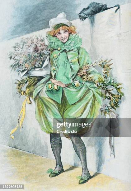 young woman in carnival costume, full of flowers, cat above her on a wall - italian carnival stock illustrations