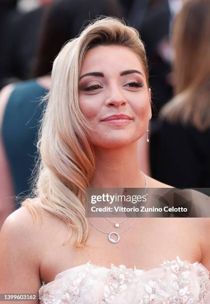 Priscilla Betti attends the screening of "Mother And Son " during the 75th annual Cannes film festival at Palais des Festivals on May 27, 2022 in...