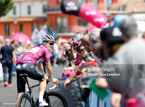 Arnaud Demare of France and Team Groupama - FDJ Purple Points Jersey meets the fans before the start of the 105th Giro d'Italia 2022, Stage 19 a...