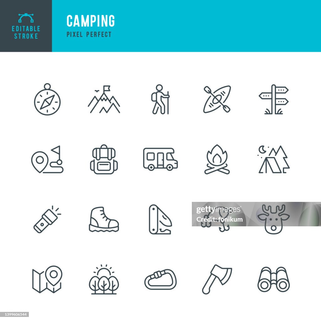 Camping - Linie Vektor Icon Set. Pixel perfekt. Bearbeitbarer Strich. Das Set beinhaltet Camping, Wandern, Kompass, Berg, Angeln, Tourismus, Karabiner, Klettern, Kajak, Karte, Taschenlampe, Rucksack, Zelt, Lagerfeuer, Penknife, Wohnmobil, Axt, Wanderschuh,