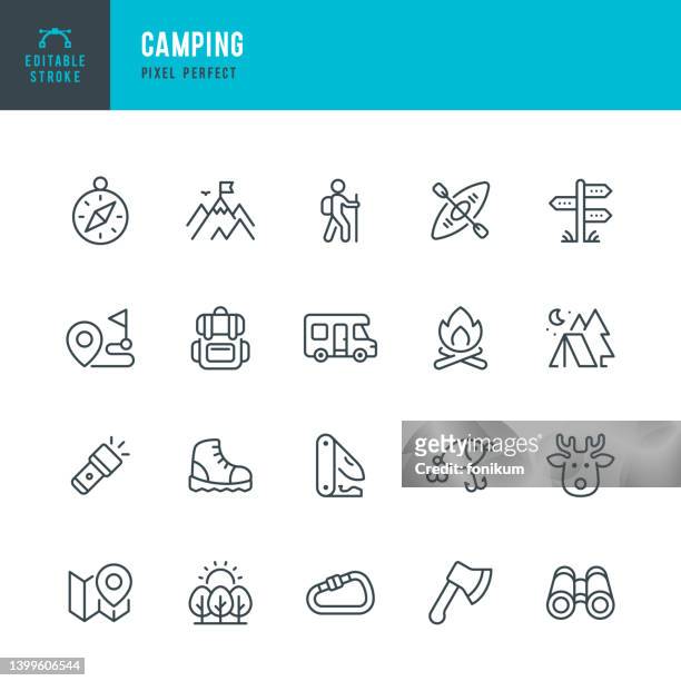 camping - line vector icon set. pixel perfect. editable stroke. the set includes a camping, hiking, compass, mountain, fishing, tourism, carabiner, climbing, kayak, map, flashlight, backpack, tent, campfire, penknife, motor home, axe, hiking boot, deer, d - line drawing activity stock illustrations