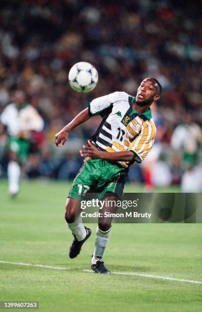 Benni McCarthy of South Africa in action during the World Cup group match between South Africa and Saudi Arabia at the Stade de Bordeaux on June 24,...