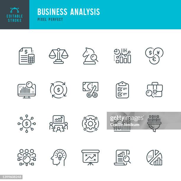 business analysis - linienvektor-symbolsatz. pixel perfekt. bearbeitbarer strich. das set enthält eine portfolioanalyse, balance, budget, lösung, finanzbericht, meeting, finanzierung, datenfiltration, strategieforschung, diagramm, strategie, gewichtswaag - weigh ins stock-grafiken, -clipart, -cartoons und -symbole