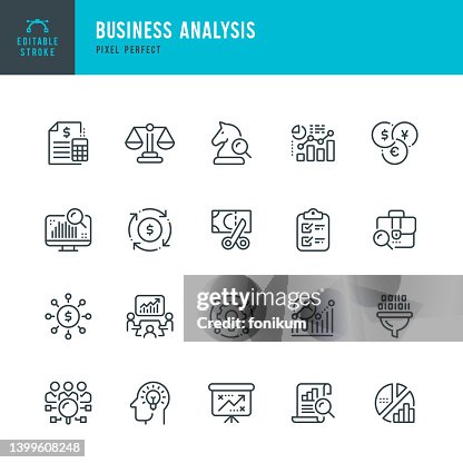 Análisis de negocios: conjunto de iconos vectoriales de línea. Píxel perfecto. Trazo editable. El conjunto incluye un análisis de cartera, equilibrio, presupuesto, solución, informe financiero, reunión, financiación, filtración de datos, investigac Análisis de negocios: conjunto de iconos vectoriales de línea. Píxel perfecto. Trazo editable. El conjunto incluye un análisis de cartera, equilibrio, presupuesto, solución, informe financiero, reunión, financiación, filtración de datos, investigac