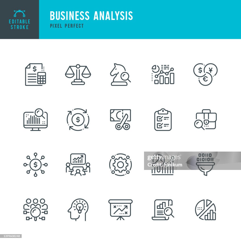 Business Analysis - line vector icon set. Pixel perfect. Editable stroke. The set includes a Portfolio Analyzing, Balance, Budget, Solution, Financial Report, Meeting, Funding, Data Filtration, Strategy Research, Diagram, Strategy, Weight Scale, Money Flo