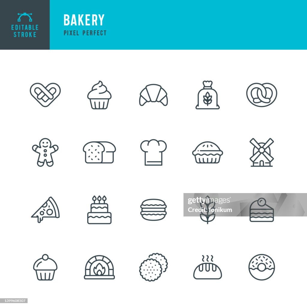 Panadería - conjunto de iconos vectoriales de línea. Píxel perfecto. Trazo editable. El conjunto incluye una panadería, pan, pastel, dona, muffin, pastel dulce, pizza, pretzel, cupcake, macarrones, croissant, galletas, harina, trigo, molino de viento