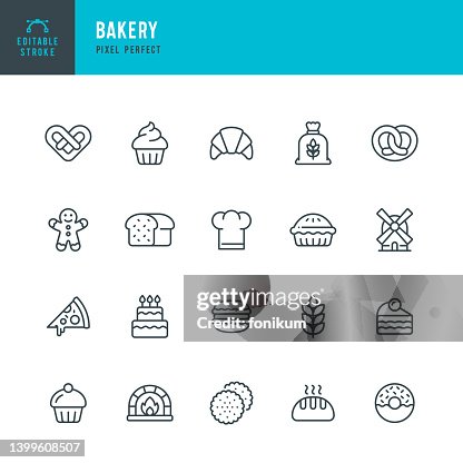 Bakery - line vector icon set. Pixel perfect. Editable stroke. The set includes a Bakery, Bread, Cake, Doughnut, Muffin, Sweet Pie, Pizza, Pretzel, Cupcake, Macaroon, Croissant, Cookie, Flour, Wheat, Windmill Bakery - line vector icon set. Pixel perfect. Editable stroke. The set includes a Bakery, Bread, Cake, Doughnut, Muffin, Sweet Pie, Pizza, Pretzel, Cupcake, Macaroon, Croissant, Cookie, Flour, Wheat, Windmill
