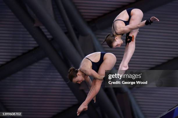 Lois Toulson of City of Leeds Diving Club and Masie Bond of City Of Sheffield Diving Club compete in the Women's 10m Synchro during Day One of the...