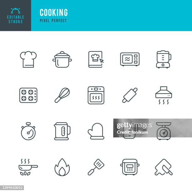 illustrations, cliparts, dessins animés et icônes de cuisson - jeu d’icônes vectorielles de ligne. pixel parfait. contour modifiable. l’ensemble comprend un chapeau de chef, une recette, un four, une cuisinière, une casserole, une casserole, un mélangeur, un multicuiseur, une bouilloire, un micro-onde - cuisinière