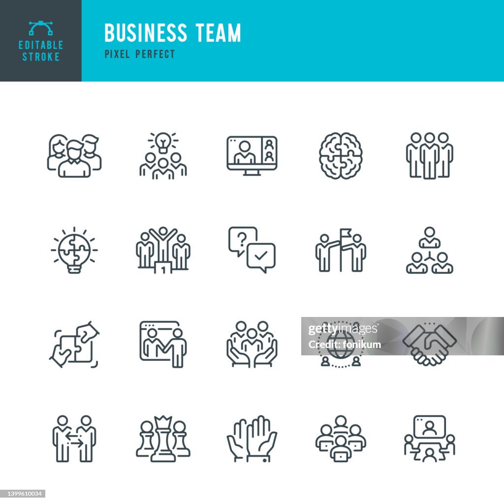 Business Team - Linienvektor-Icon-Set. Pixel perfekt. Bearbeitbarer Strich. Das Set enthält eine organisierte Gruppe, eine Gruppe von Menschen, Team, Kollegen, Vielfalt, Teambuilding, Handschlag, Puzzle-Stück, Meeting, Manager, Bildungstrainingskurs, Koo