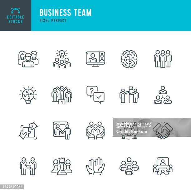 business team - line vector icon set. pixel perfect. editable stroke. the set includes a organized group, group of people, team, coworkers, diversity, team building, handshake, jigsaw piece, meeting, manager, education training class, cooperation, voting, - line art stock illustrations