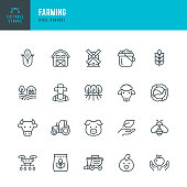 Farming - line vector icon set. Pixel perfect. Editable stroke. The set includes a Farm, Farmer, Agricultural Field, Domestic Cattle, Cow, Pig, Lamb, Chicken, Bee, Windmill, Wheat, Corn, Cabbage, Garden, Drone, Tractor, Combine Harvester, Harvesting