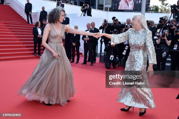 Andie MacDowell and Helen Mirren attend the screening of "Mother And Son " during the 75th annual Cannes film festival at Palais des Festivals on May...