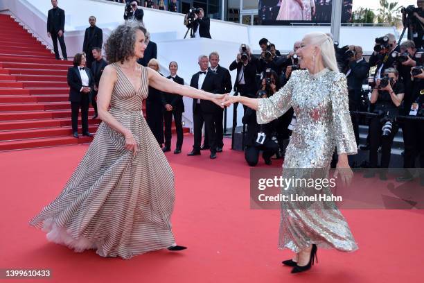 Andie MacDowell and Helen Mirren attend the screening of "Mother And Son " during the 75th annual Cannes film festival at Palais des Festivals on May...