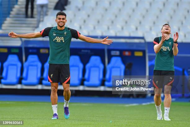 Luis Diaz of Liverpool with Andy Robertson of Liverpool during a training session at Stade de France on May 27, 2022 in Paris, France. Liverpool will...
