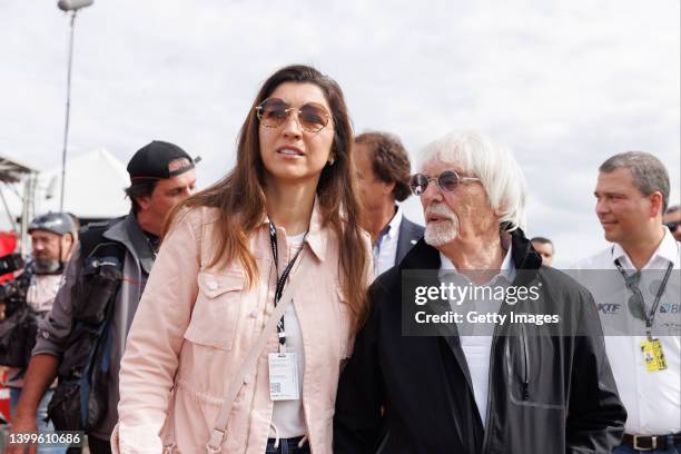 Bernie Ecclestone and his wife Fabiana Flosi during a visit to the Velocitta racetrack for a Stock Car and Formula 4 race on May 15, 2022 in Mogi...
