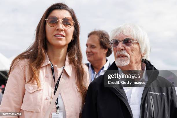 Bernie Ecclestone and his wife Fabiana Flosi during a visit to the Velocitta racetrack for a Stock Car and Formula 4 race on May 15, 2022 in Mogi...