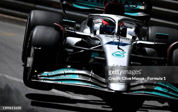 George Russell of Great Britain driving the Mercedes AMG Petronas F1 Team W13 on track during practice ahead of the F1 Grand Prix of Monaco at...
