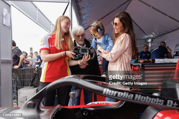 Driver Aurelia Nobels poses for a picture with Bernie Ecclestone, his wife Fabiana Flosi and their son Ace Ecclestone during a visit to the Velocitta...