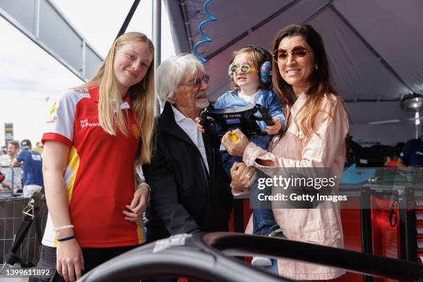 Driver Aurelia Nobels poses for a picture with Bernie Ecclestone, his wife Fabiana Flosi and their son Ace Ecclestone during a visit to the Velocitta...