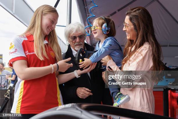 Driver Aurelia Nobels poses for a picture with Bernie Ecclestone, his wife Fabiana Flosi and their son Ace Ecclestone during a visit to the Velocitta...