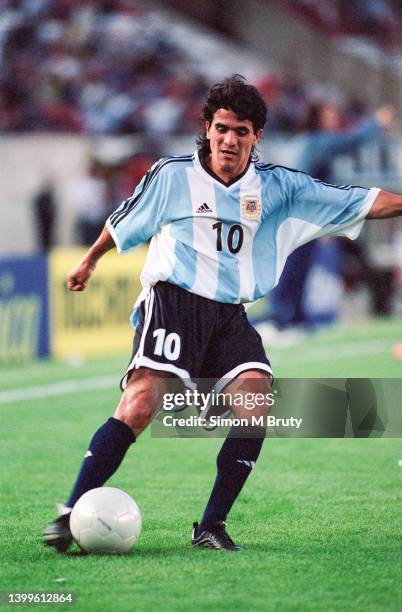 Ariel Ortega of Argentina in action during a FIFA World Cup Qualifying match between Peru and Argentina at the Estadio River Plate in Buenos Aires,...