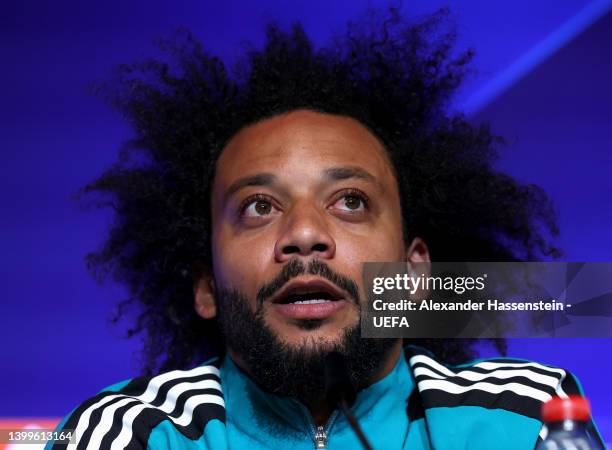 Marcelo of Real Madrid speaks to the media during the Real Madrid Press Conference at Stade de France on May 27, 2022 in Paris, France. Real Madrid...