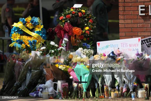 Memorial for victims of Tuesday's mass shooting at Robb Elementary School is seen on May 27, 2022 in Uvalde, Texas. Steven C. McCraw, Director and...